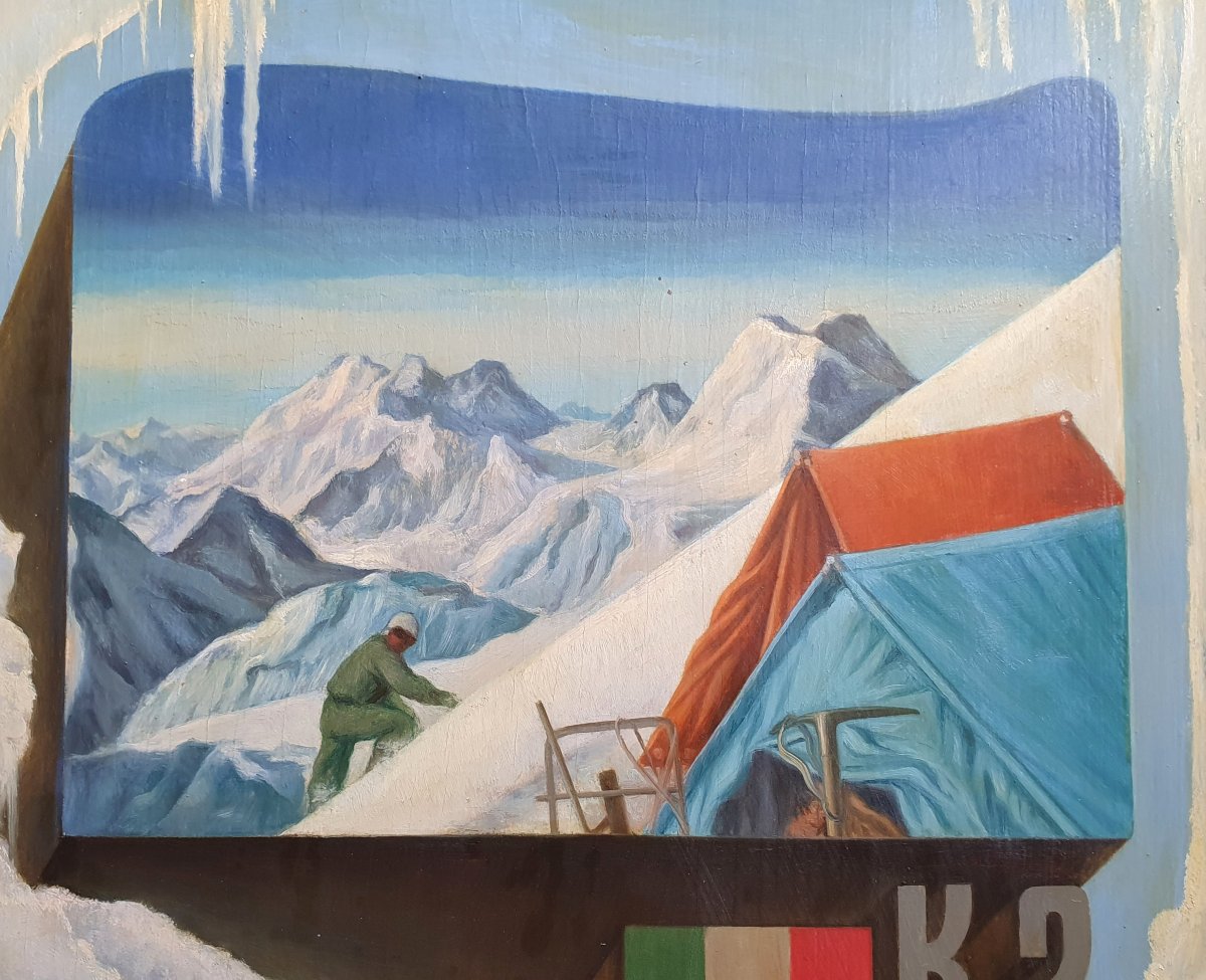 Olmedo Mezzoli Alpinisme K2 huile sur panneau 1954 Chine Pakistan montagne -photo-4