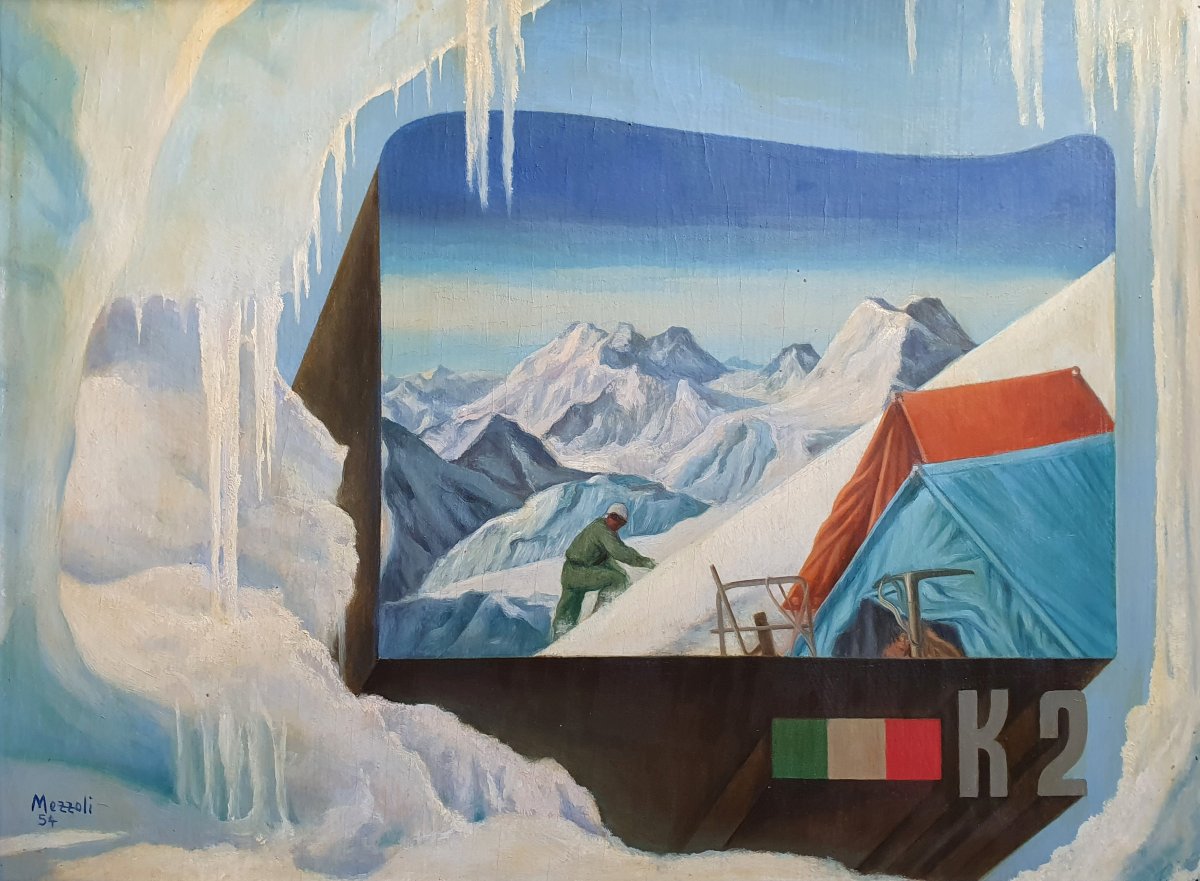 Olmedo Mezzoli Alpinisme K2 huile sur panneau 1954 Chine Pakistan montagne 