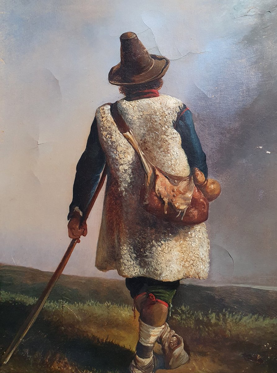 Consalvo Carelli Le berger de dos huile sur papier 1850 A restaurer Italie Naples -photo-3