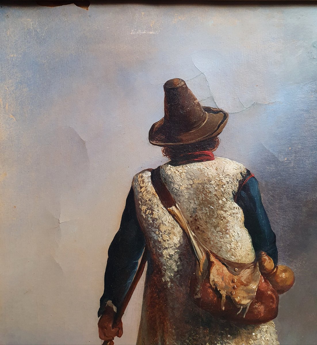 Consalvo Carelli Le berger de dos huile sur papier 1850 A restaurer Italie Naples -photo-1
