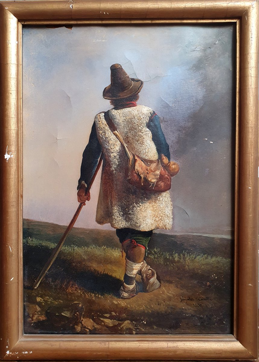 Consalvo Carelli Le berger de dos huile sur papier 1850 A restaurer Italie Naples 