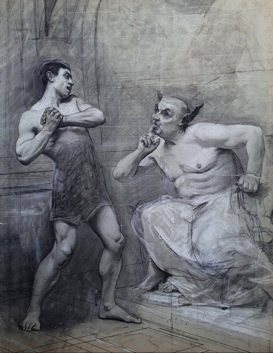 King Midas—large Graphite Drawing On Paper, Second Half Of The 19th Century, Mythology