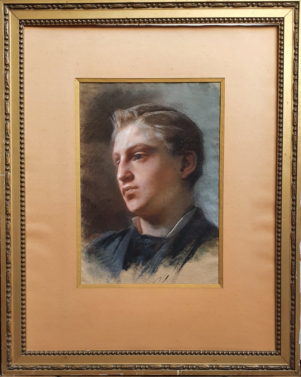 Pastel Portrait Of A Young Man On Paper, Second Half Of The 19th Century -photo-2