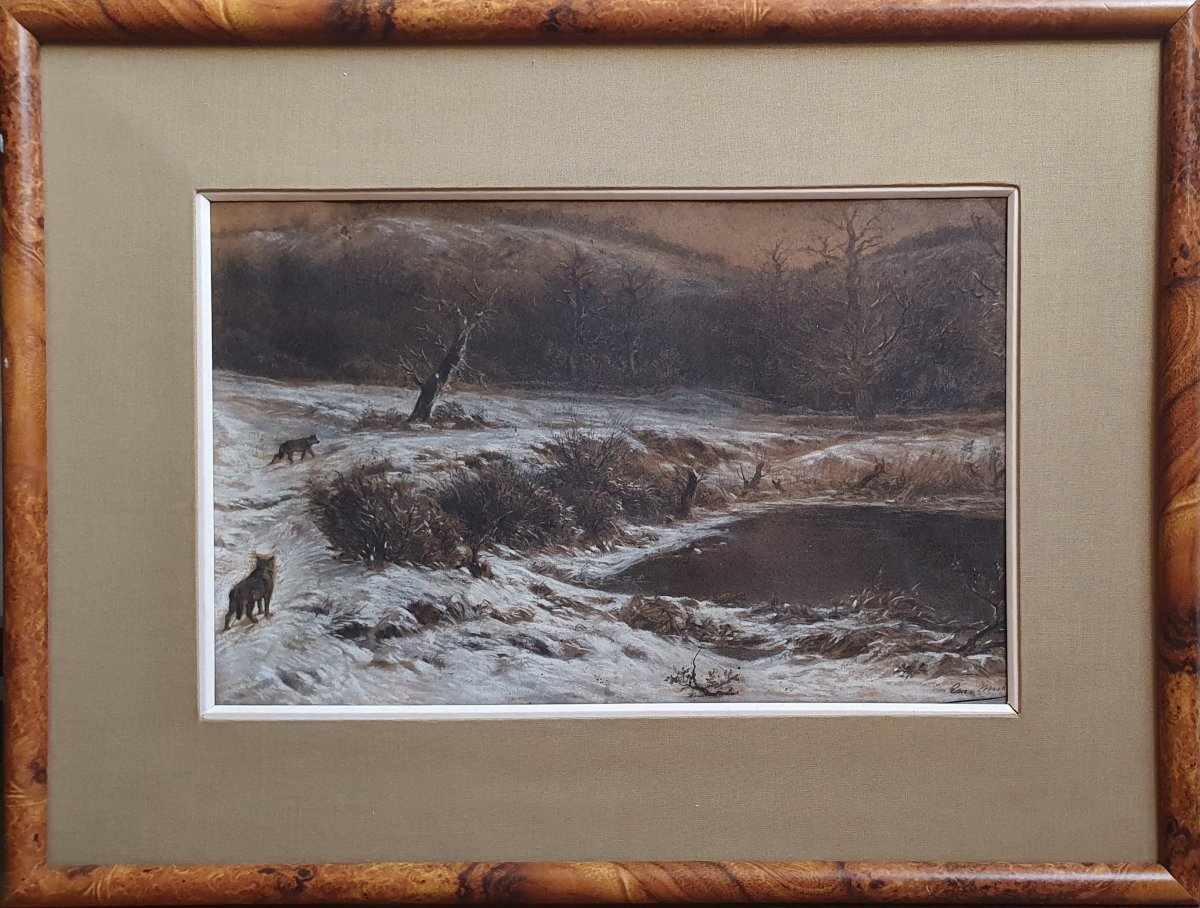 Emile Michel, *wolves In A Snowy Landscape*, Graphite And Gouache, 19th Century-photo-2