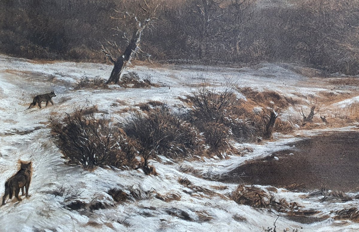 Emile Michel, *wolves In A Snowy Landscape*, Graphite And Gouache, 19th Century-photo-3