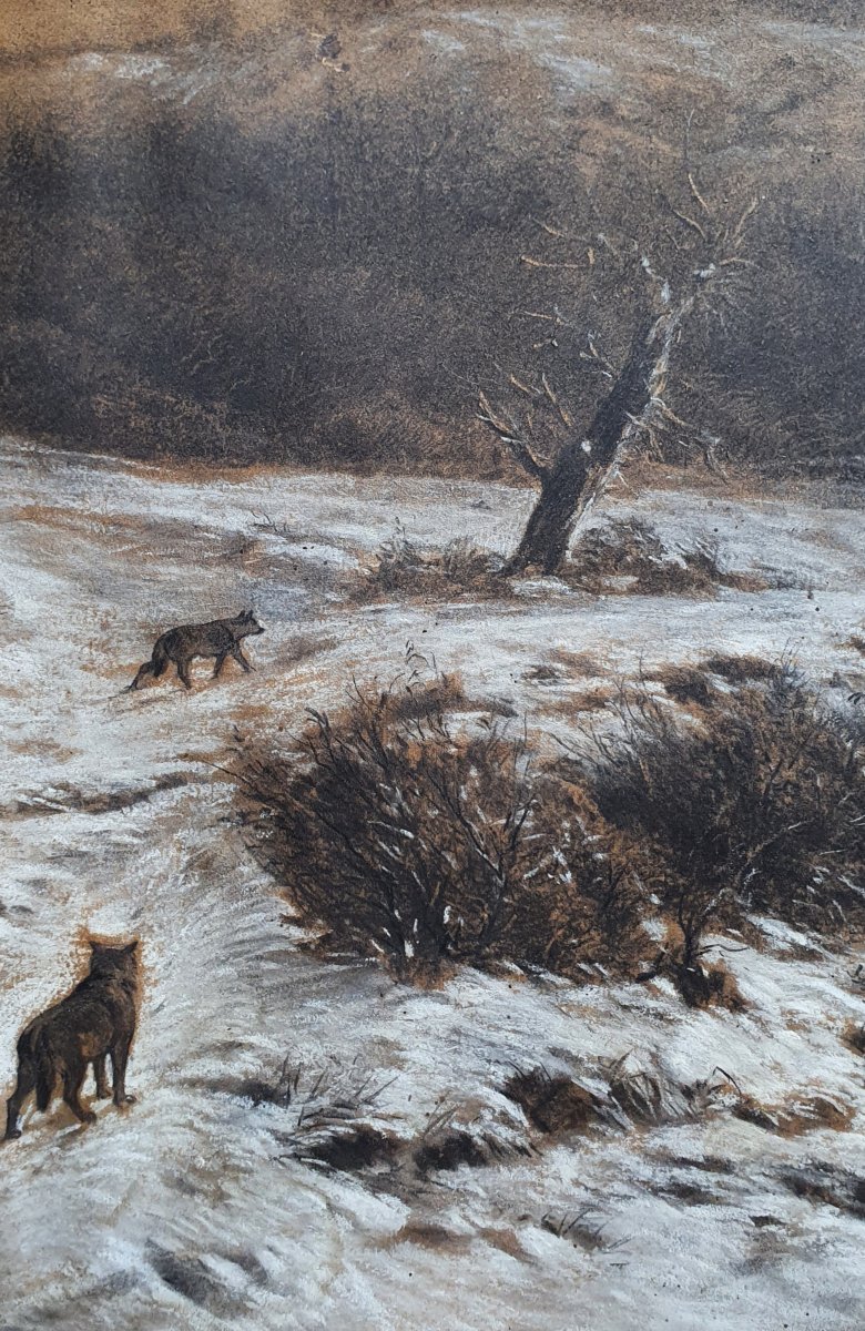 Emile Michel, *wolves In A Snowy Landscape*, Graphite And Gouache, 19th Century-photo-4