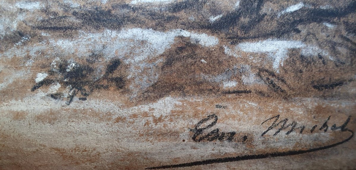 Emile Michel, *wolves In A Snowy Landscape*, Graphite And Gouache, 19th Century-photo-1