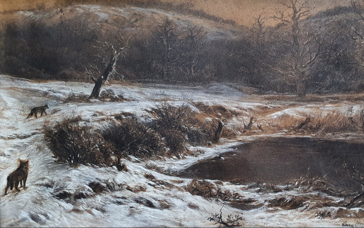 Emile Michel, *wolves In A Snowy Landscape*, Graphite And Gouache, 19th Century