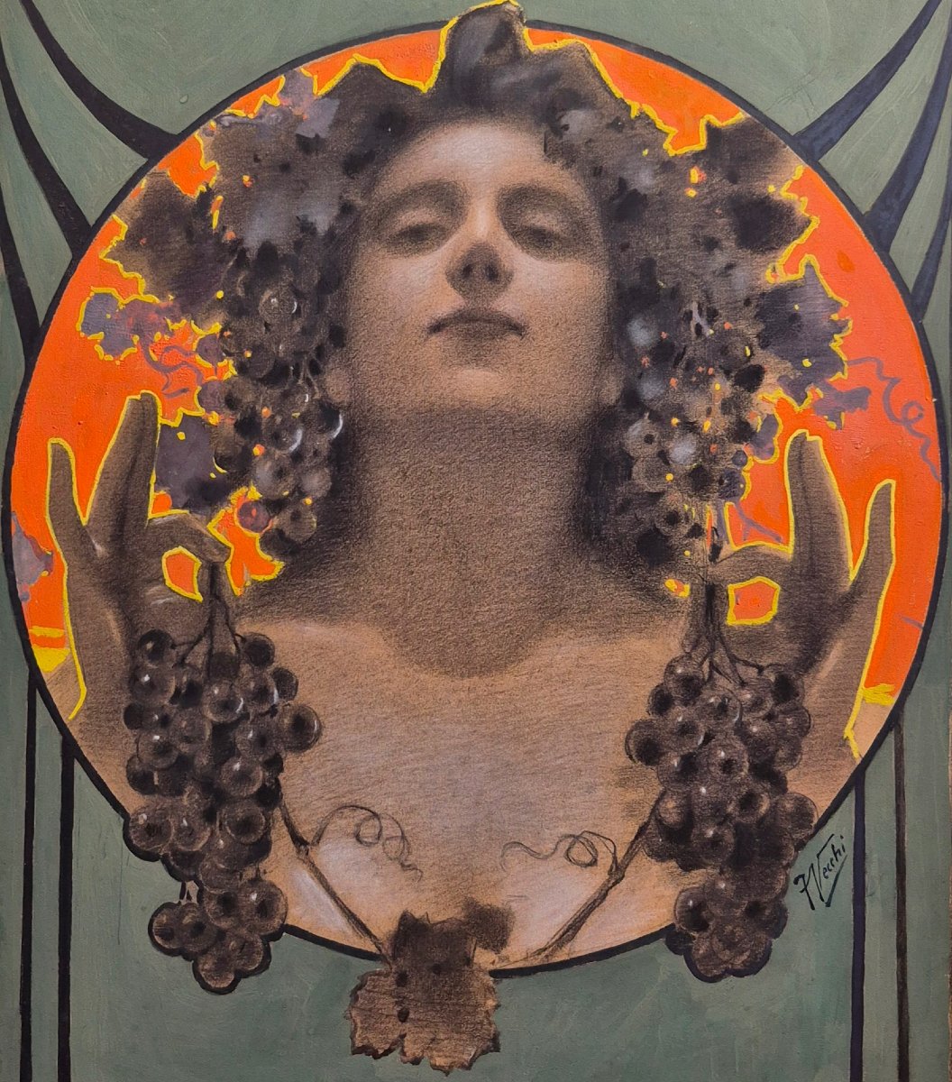 Francesco Vecchi, *woman Among The Vine Vines*, Gouache On Paper; Art Nouveau Allegory Of Wine -photo-2