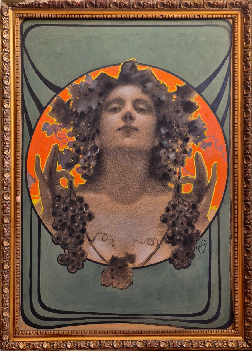 Francesco Vecchi, *woman Among The Vine Vines*, Gouache On Paper; Art Nouveau Allegory Of Wine -photo-3