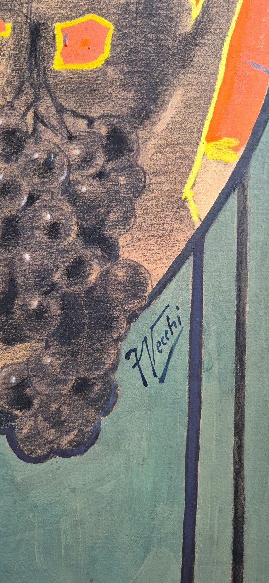 Francesco Vecchi, *woman Among The Vine Vines*, Gouache On Paper; Art Nouveau Allegory Of Wine -photo-1