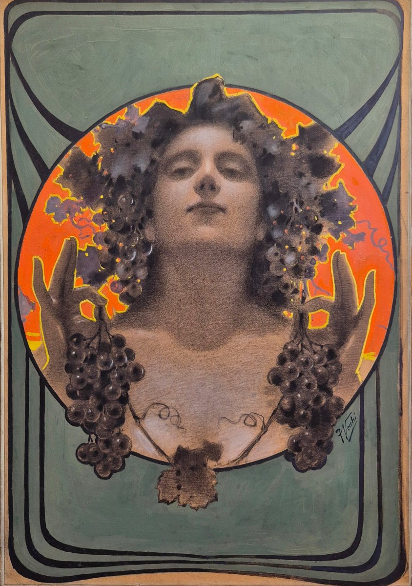 Francesco Vecchi, *woman Among The Vine Vines*, Gouache On Paper; Art Nouveau Allegory Of Wine 