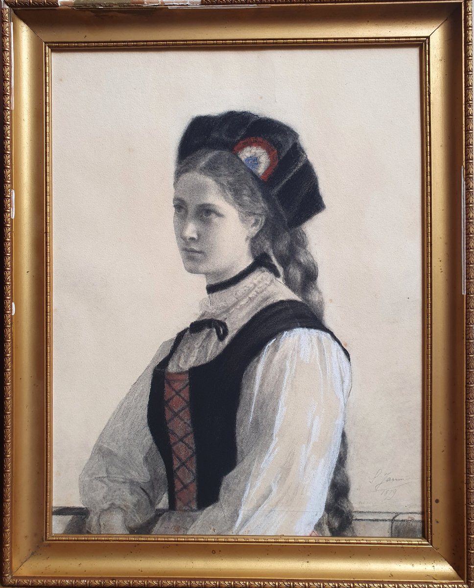 Portrait d'une jeune alsacienne 1879 Mine de plomb et gouache Alsace signature à identifier -photo-2