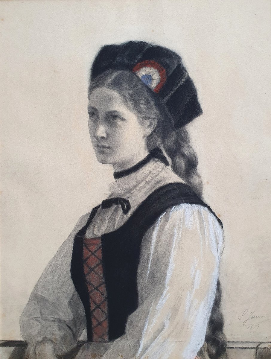 Portrait d'une jeune alsacienne 1879 Mine de plomb et gouache Alsace signature à identifier -photo-3