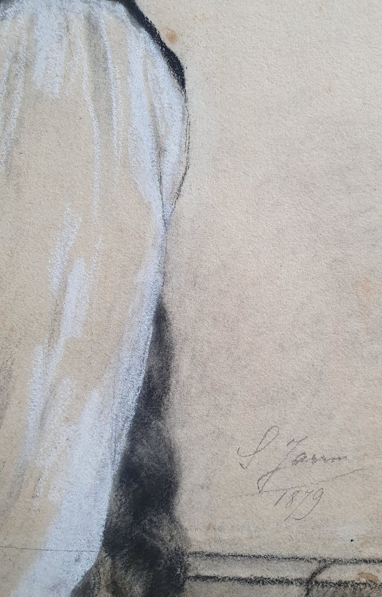Portrait d'une jeune alsacienne 1879 Mine de plomb et gouache Alsace signature à identifier -photo-1