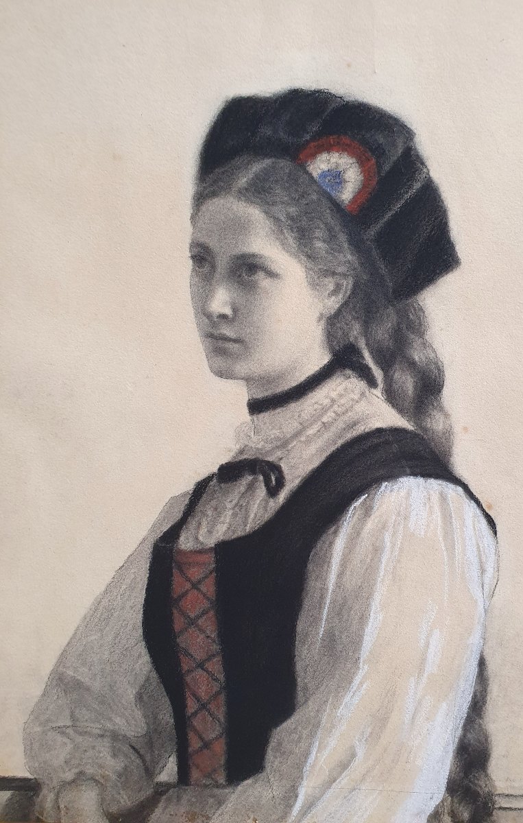 Portrait d'une jeune alsacienne 1879 Mine de plomb et gouache Alsace signature à identifier 