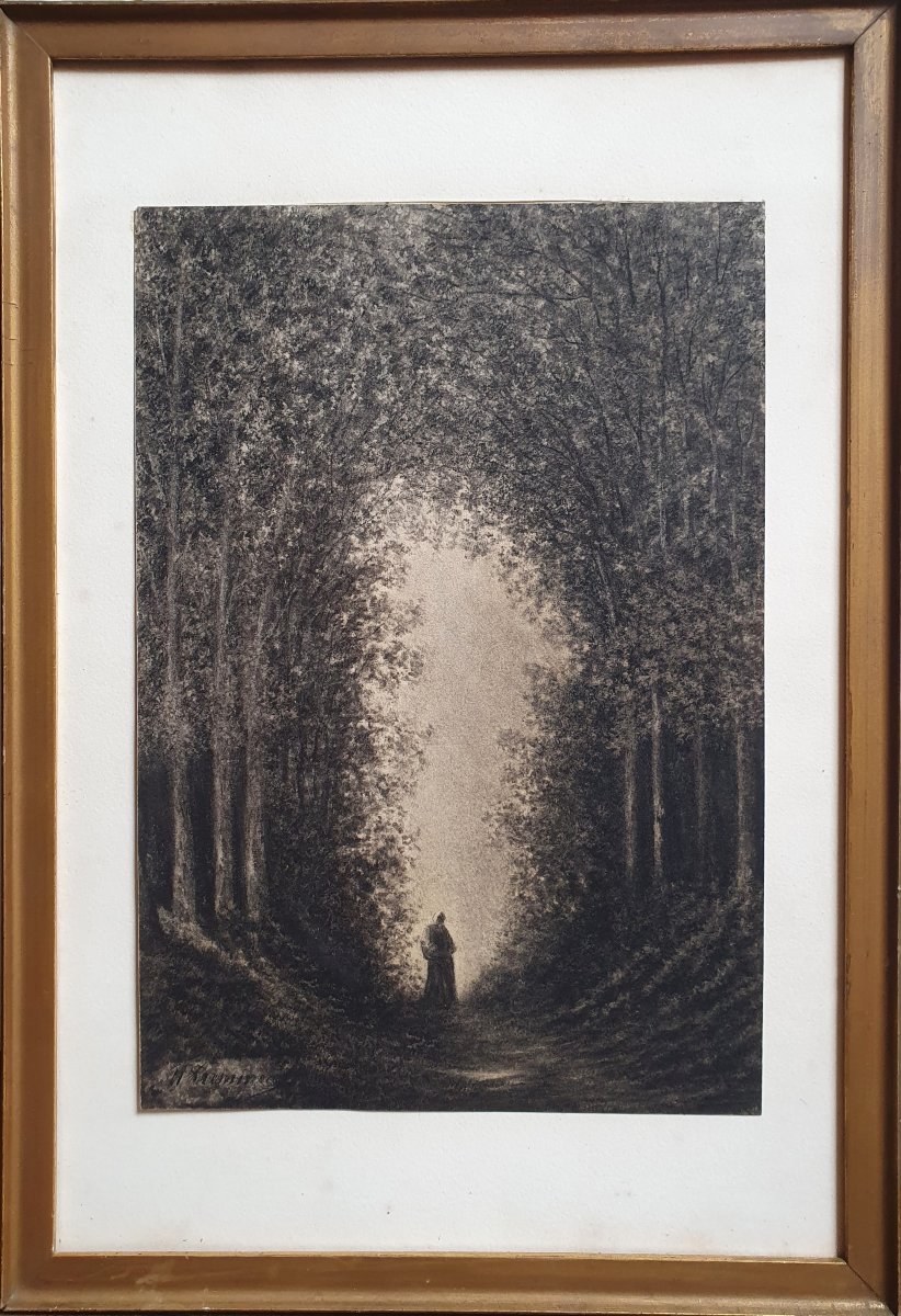 Femme dans une forêt Dessin vers 1860 Barbizon signature à identifier -photo-2