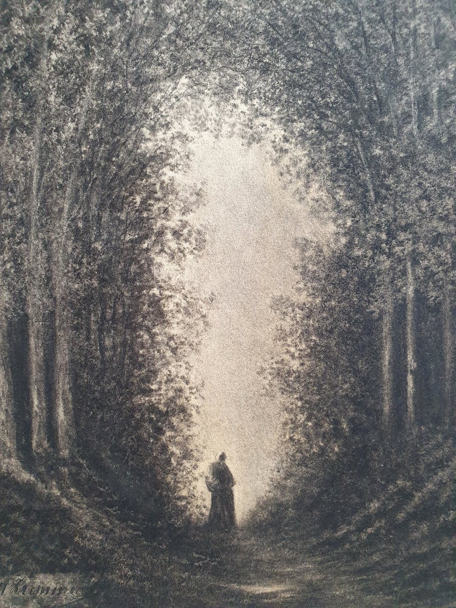 Femme dans une forêt Dessin vers 1860 Barbizon signature à identifier -photo-3
