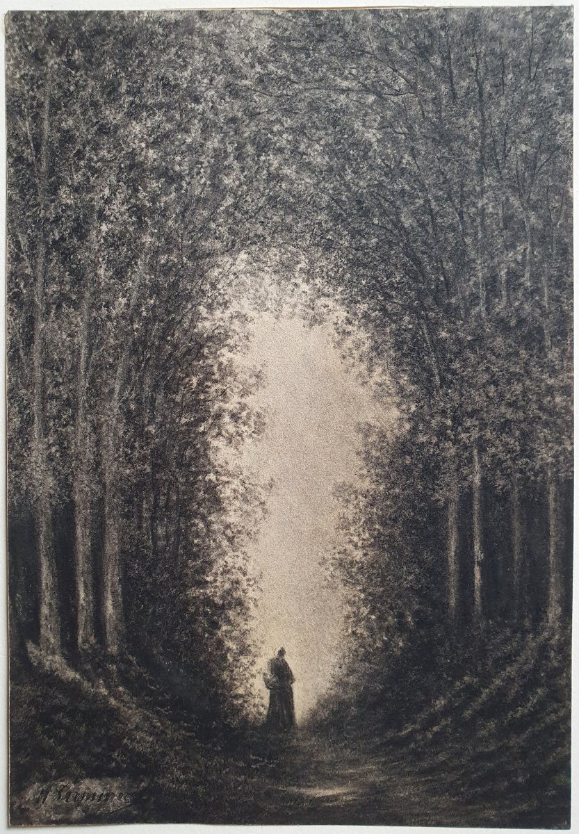 Femme dans une forêt Dessin vers 1860 Barbizon signature à identifier -photo-4