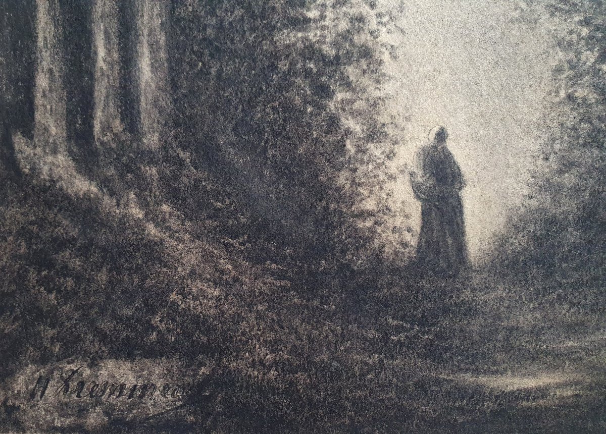 Femme dans une forêt Dessin vers 1860 Barbizon signature à identifier -photo-1