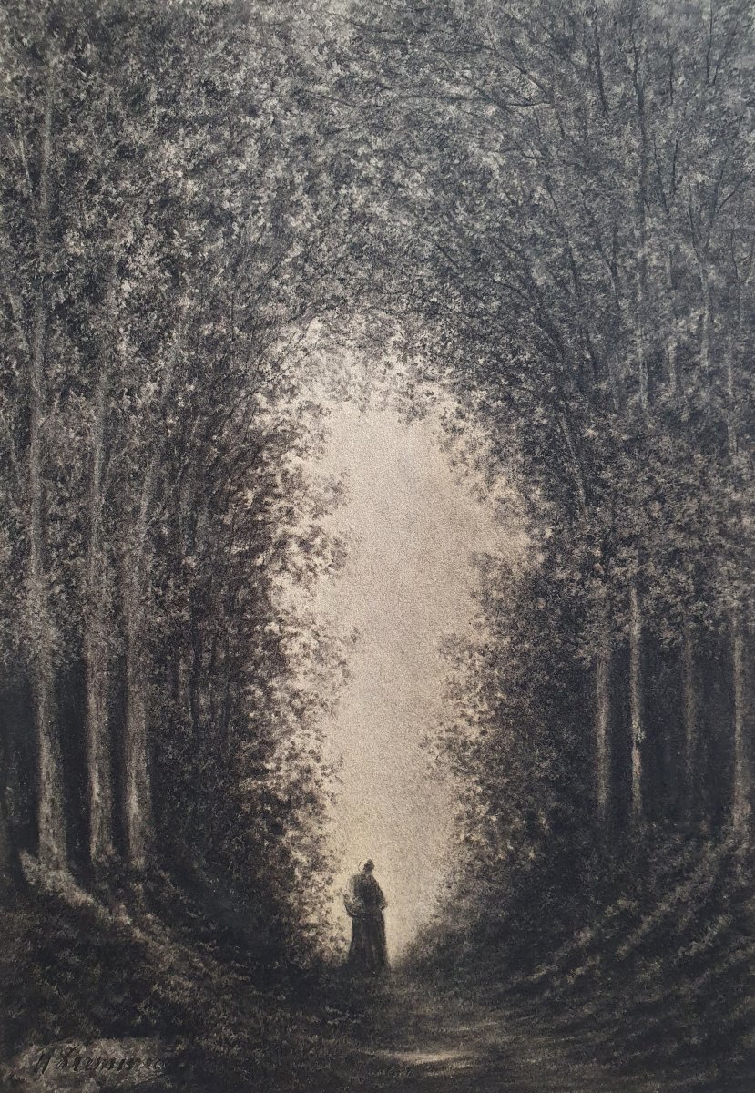 Femme dans une forêt Dessin vers 1860 Barbizon signature à identifier 