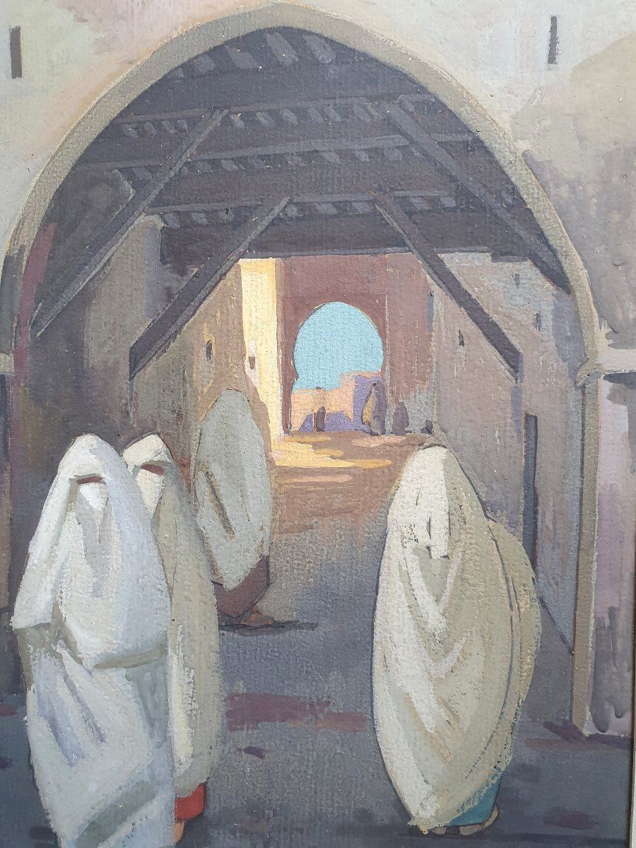 Gill Julien Matthey Animated View Of Fez Gouache On Cardboard Early 20th Century Orientalism