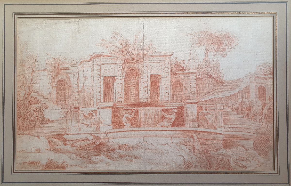 Landscape With A Fountain And Sculptures, 18th-century Red Chalk Drawing -photo-2