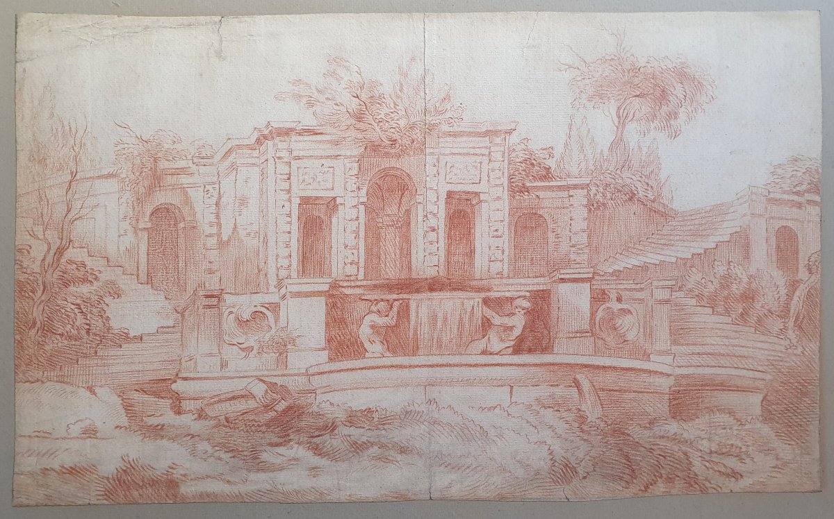 Landscape With A Fountain And Sculptures, 18th-century Red Chalk Drawing -photo-3