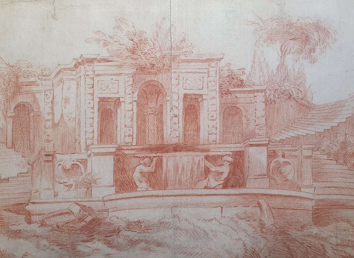 Landscape With A Fountain And Sculptures, 18th-century Red Chalk Drawing -photo-4