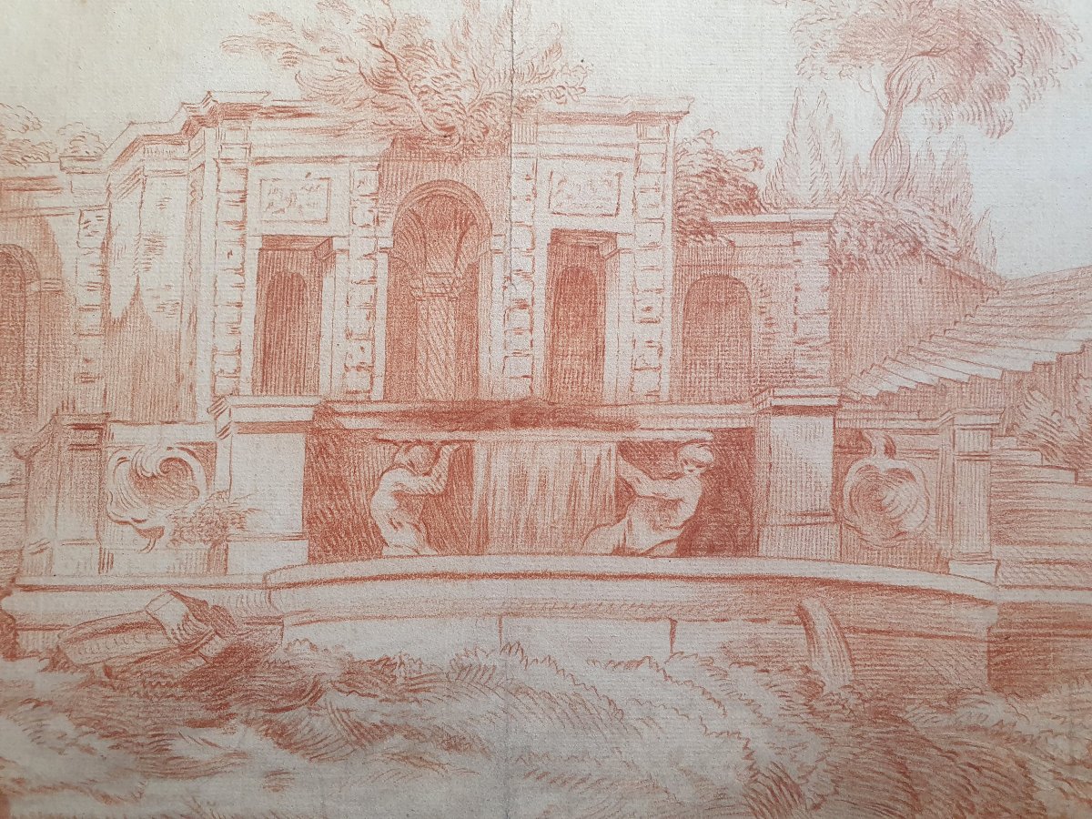 Landscape With A Fountain And Sculptures, 18th-century Red Chalk Drawing -photo-1