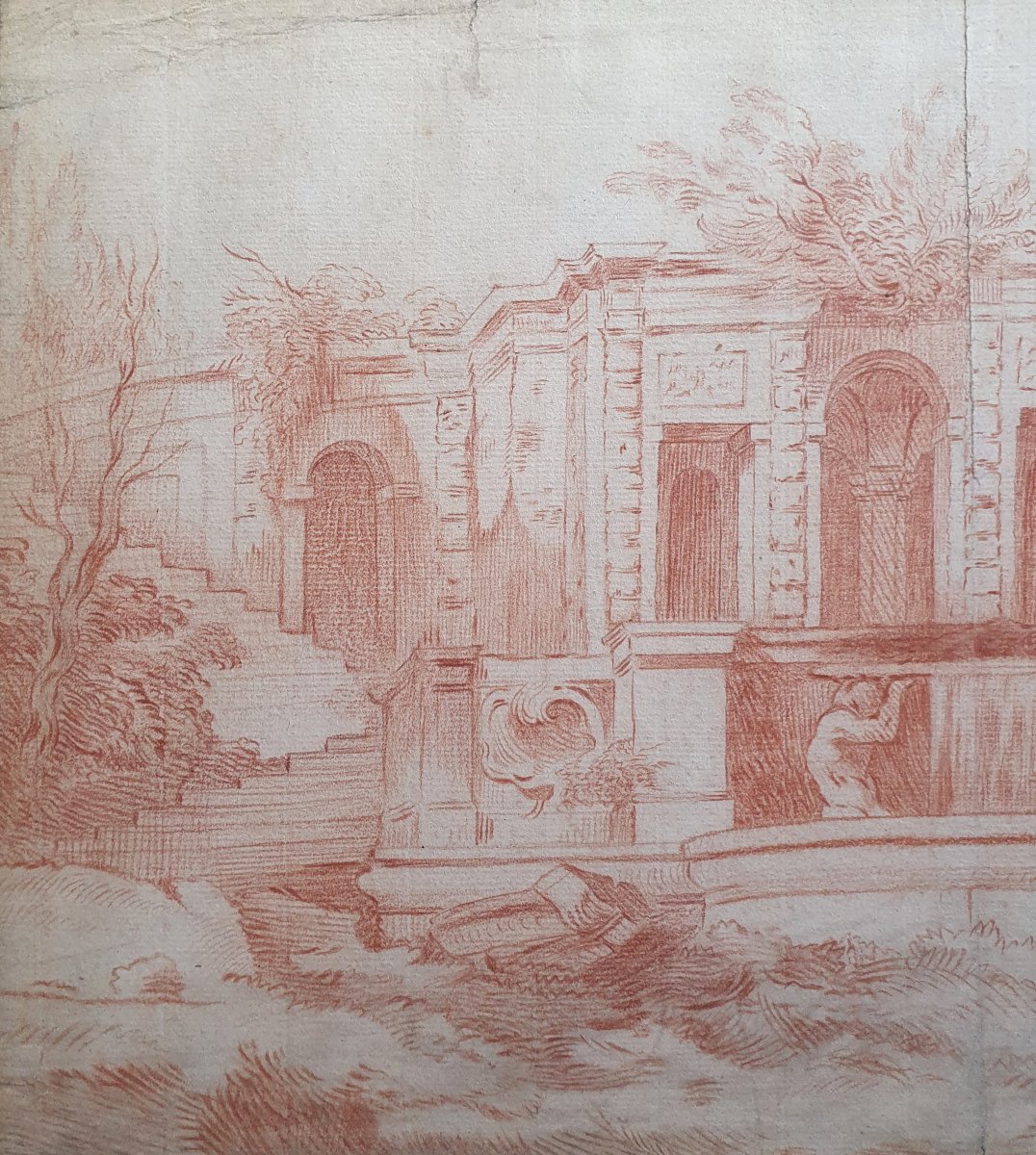 Landscape With A Fountain And Sculptures, 18th-century Red Chalk Drawing -photo-2