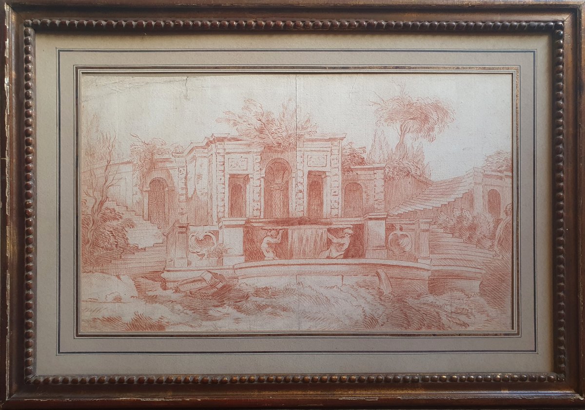 Landscape With A Fountain And Sculptures, 18th-century Red Chalk Drawing 