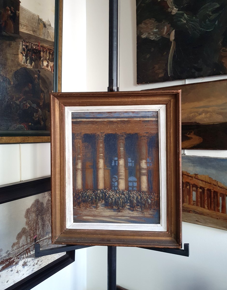 Antonio De La Gandara, *closing Of The Trading Session At The Paris Stock Exchange*, Oil On Canvas-lined Board -photo-3