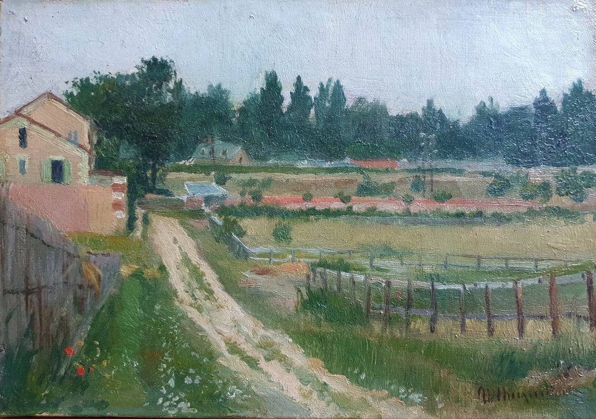 Paysage de campagne huile sur toile vers 1900 signature à identifier 
