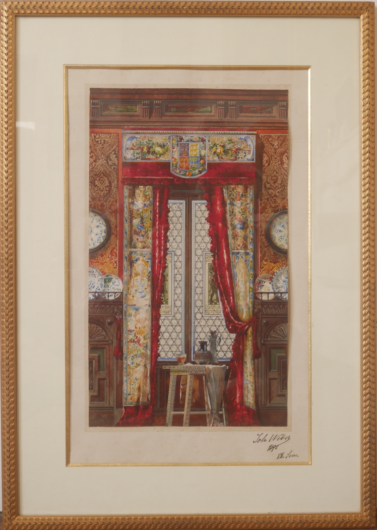 Dessin d'Intérieur XIXème Aquarelle John Weber 1890 Armoirie Céramique Architecture-photo-2