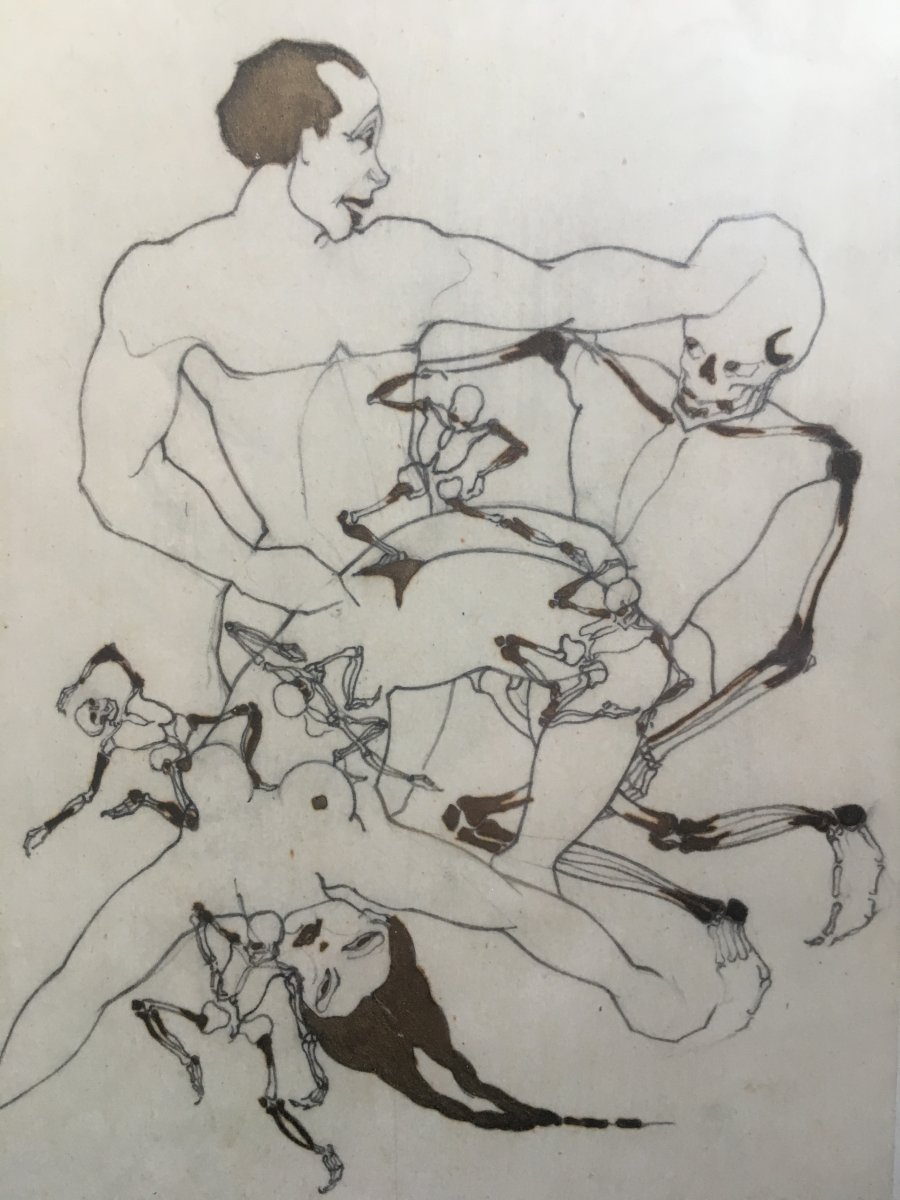 Danse Macabre Henri Gesthaz Pencil Drawing Female Nude And Skeleton Curiosity-photo-4