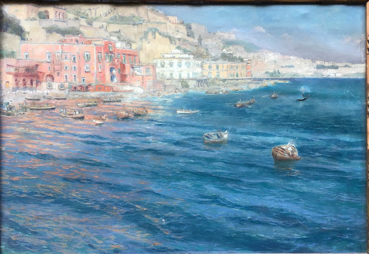 Bord De Mer Animé Huile Sur Toile XIXème Siècle Italie-photo-3