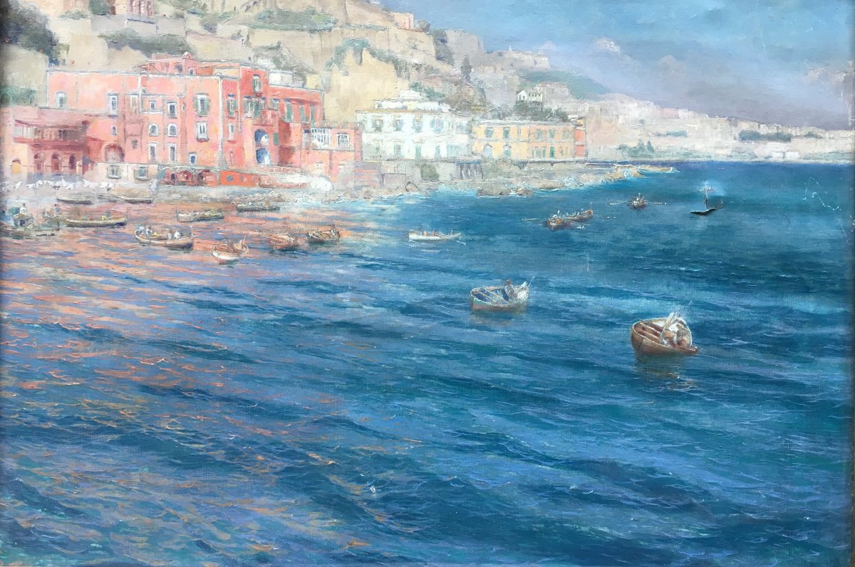 Bord De Mer Animé Huile Sur Toile XIXème Siècle Italie