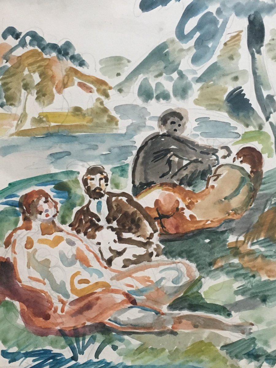 Lunch On The Grass By Paul Émile Colin Watercolor Naked Woman-photo-4