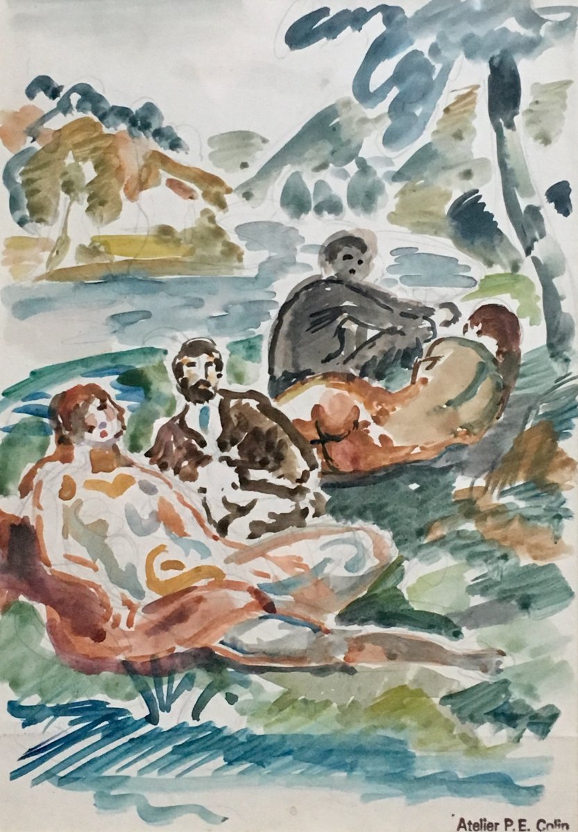 Lunch On The Grass By Paul Émile Colin Watercolor Naked Woman
