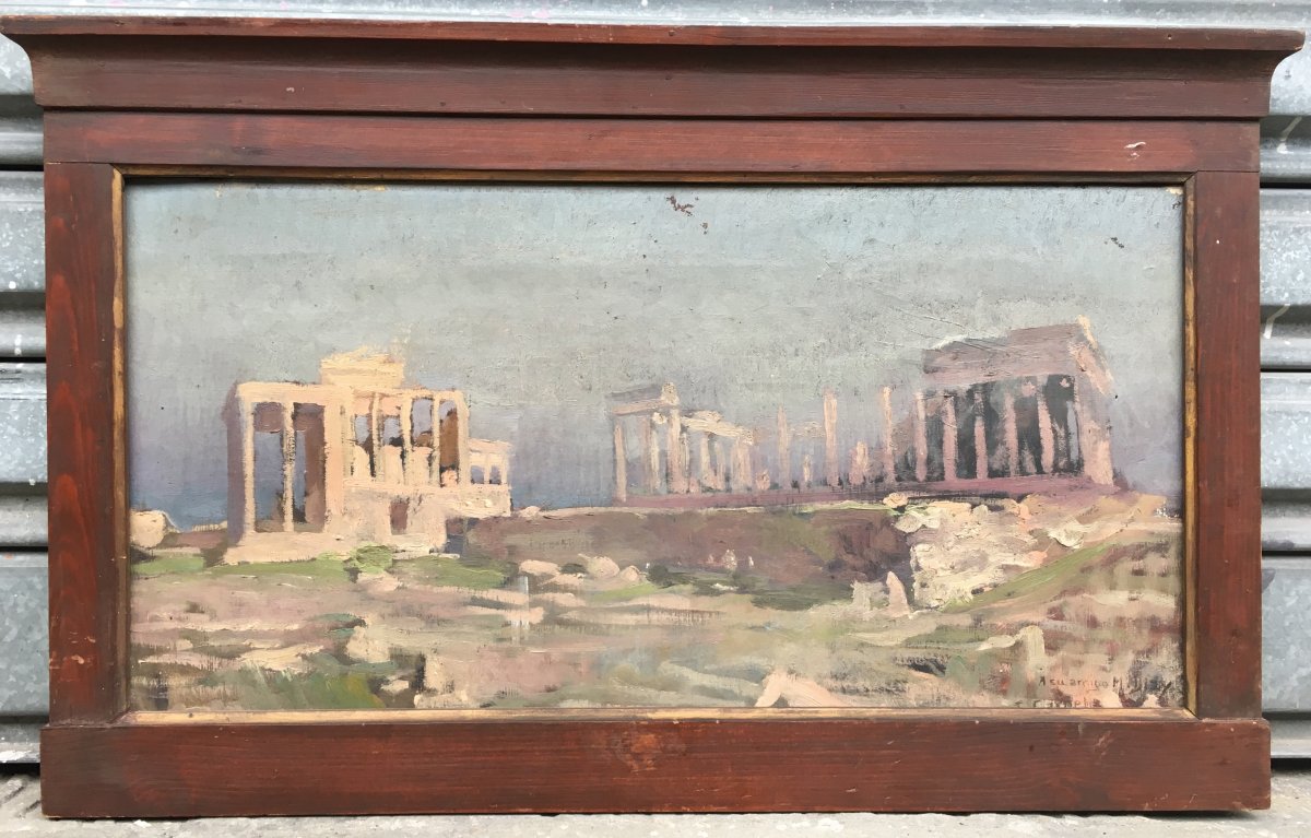 Acropole D’athènes Par José Garnelo Y Alda Huile Sur Toile XIXème Grèce-photo-2