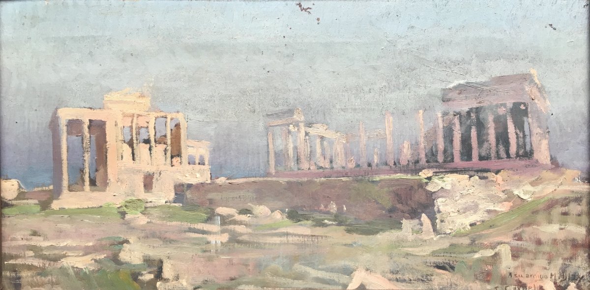 Acropole D’athènes Par José Garnelo Y Alda Huile Sur Toile XIXème Grèce
