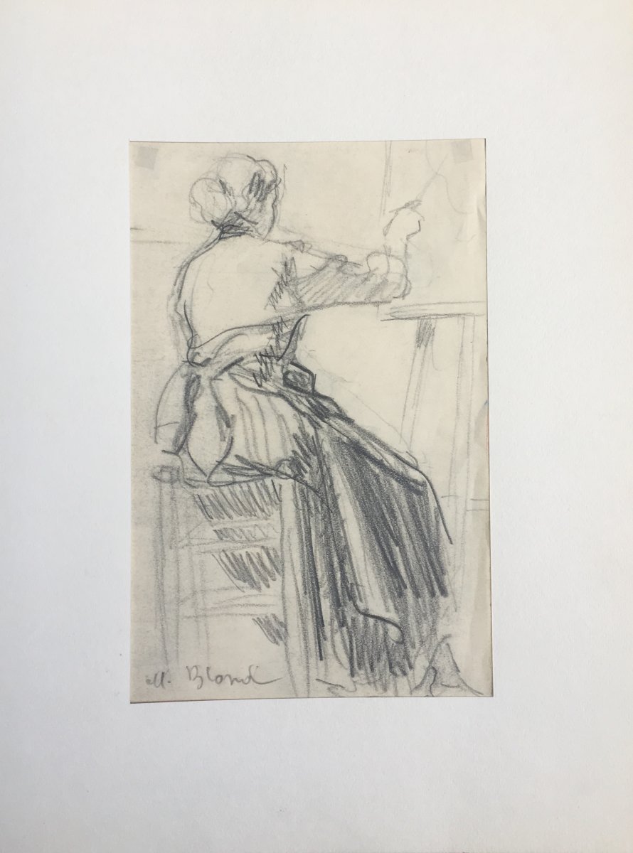 Woman With Her Easel By Maurice Blond Artist's Workshop Drawing-photo-1