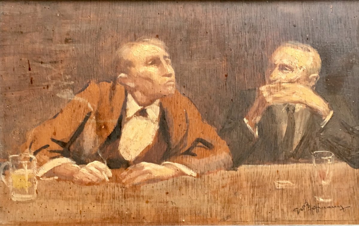 Gaston Hoffmann Le Bistrot Oil On Panel Early Twentieth Smoker-photo-2