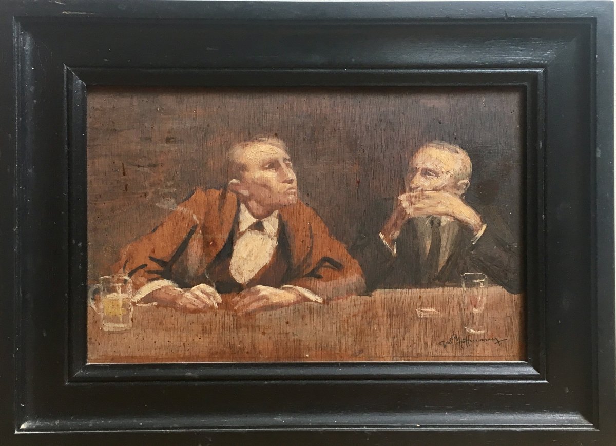 Gaston Hoffmann Le Bistrot Oil On Panel Early Twentieth Smoker