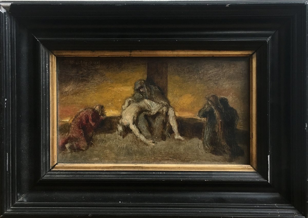 Sketch For A Pietà Jules Emmanuel Valadon Oil On Panel XIXth Century-photo-2