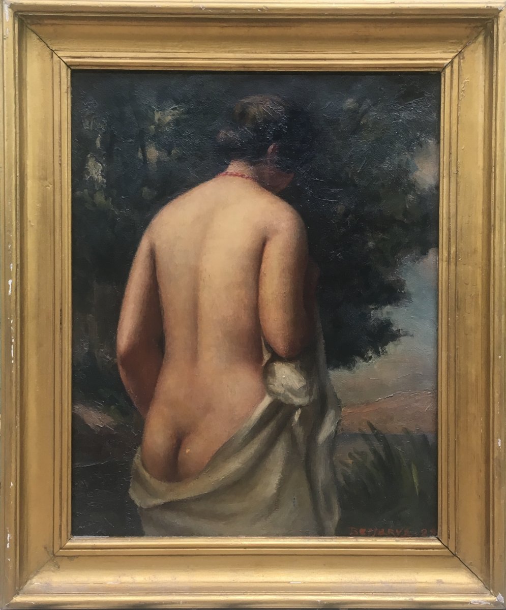 René Besserve  Baigneuse Au Collier Rouge Femme Nue Huile Sur Toile 1929-photo-2