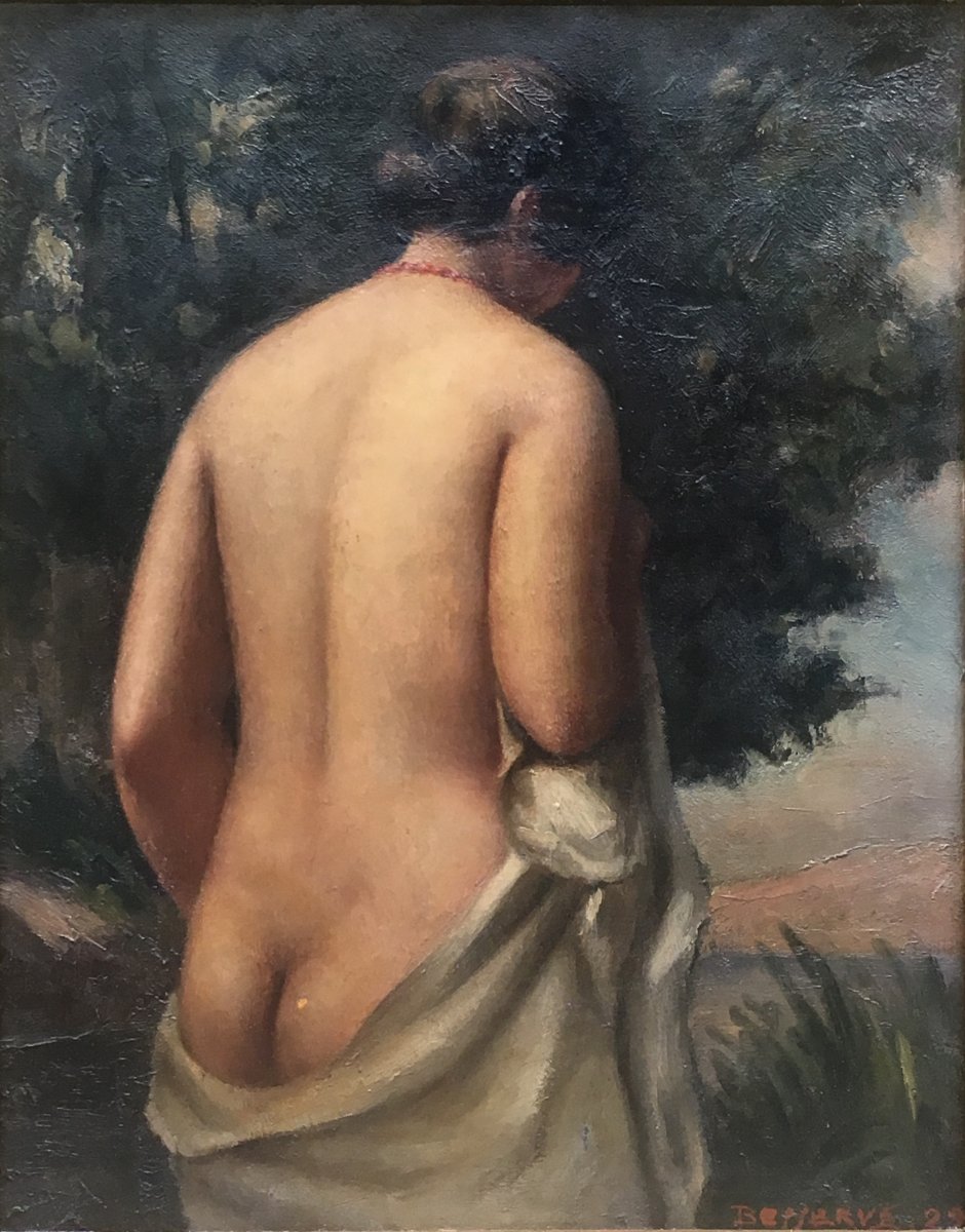 René Besserve  Baigneuse Au Collier Rouge Femme Nue Huile Sur Toile 1929