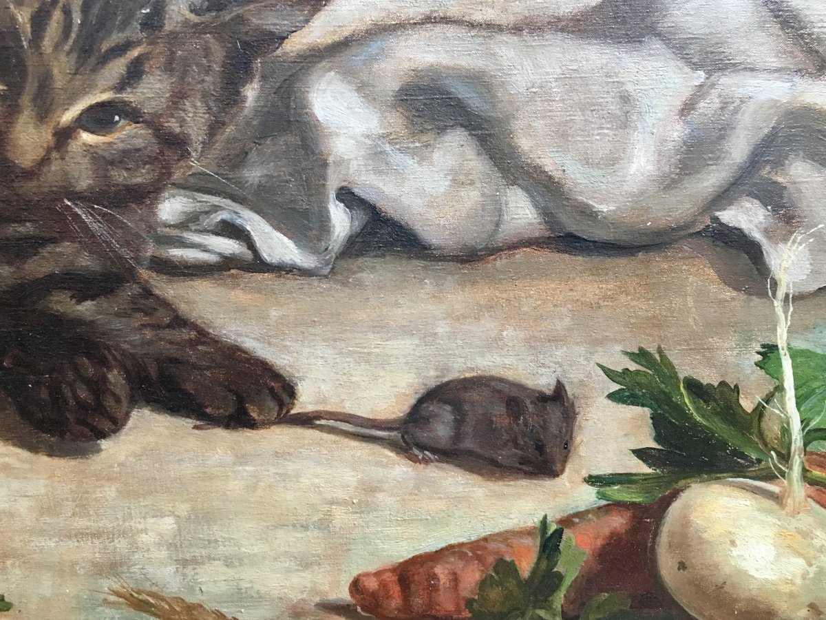 Charles Desavary The Cat And The Mouse Oil On Canvas 1874 Still Life-photo-2