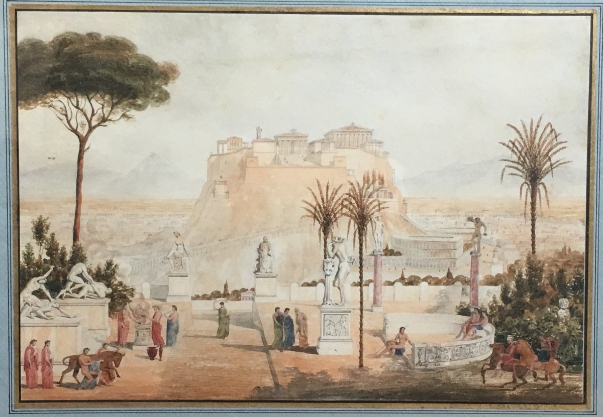 Prosper Morey The Acropolis Of Athens Watercolor Antique Scene 1840-photo-3